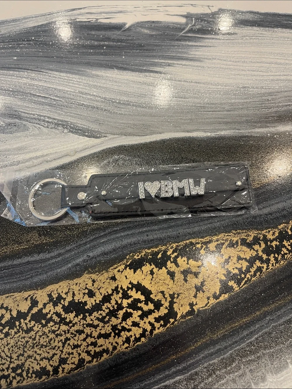 I ❤️ BMW Black Leather Keychain with Silver Ring